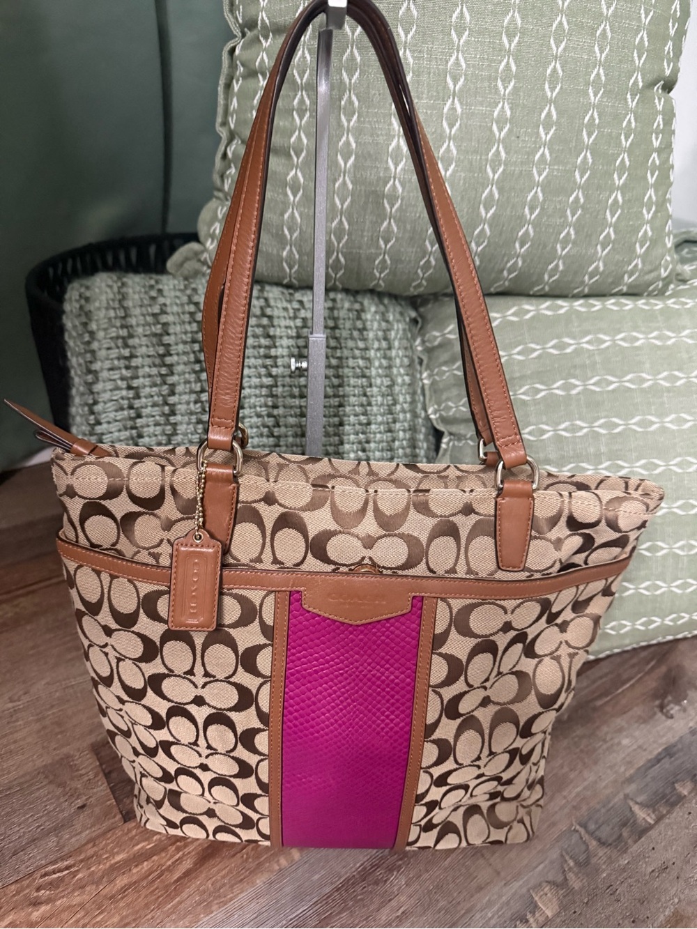 Coach Beige & Brown Signature Tote with Pink Center Panel - Picture 1 of 16